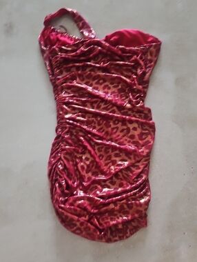 Fashion Nova Red and Brown Leopard Ruched One-Shoulder Dress